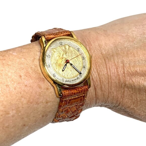 Limited Edition 1993 Save Animals Gold-Plated Cat Watch Brown Leather Strap - Picture 1 of 9